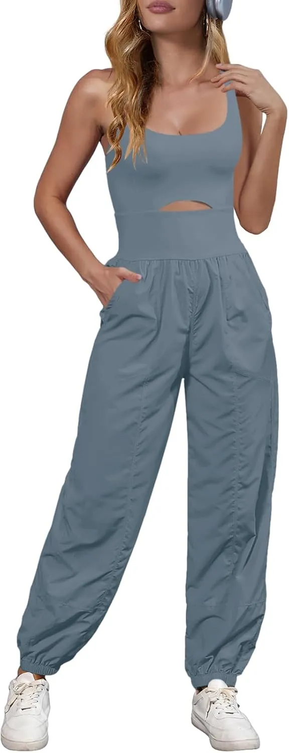 Panadila Womens Workout Onesie Athletic Romper One Piece Jumpsuits Backless Tops Hiking Pants with Pockets