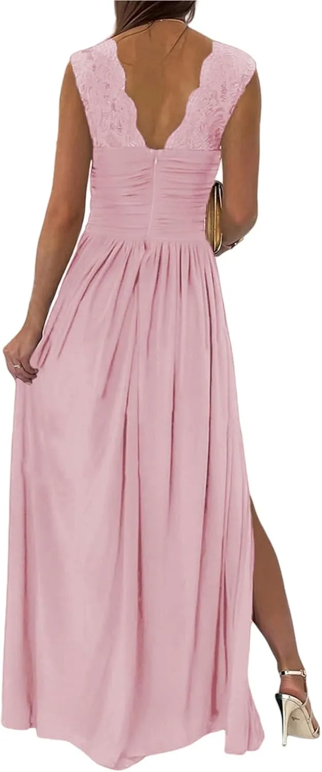 Party Dresses for Women Wrap Sleeveless Lace Strap Maxi Dress V-Neck Ruched Sexy Hem Slit Wedding Guest Dresses