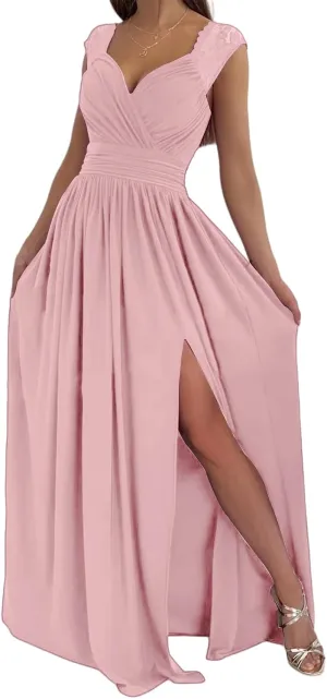 Party Dresses for Women Wrap Sleeveless Lace Strap Maxi Dress V-Neck Ruched Sexy Hem Slit Wedding Guest Dresses