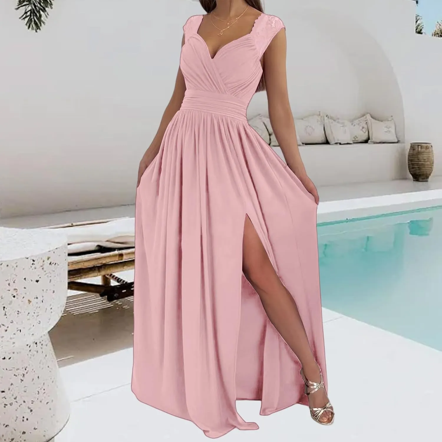 Party Dresses for Women Wrap Sleeveless Lace Strap Maxi Dress V-Neck Ruched Sexy Hem Slit Wedding Guest Dresses