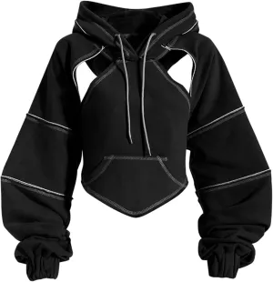 Perbai Womens Cutout Super Crop Hoodie Backless Long Sleeve Gothic Punk Y2K Sweatshirt Tops