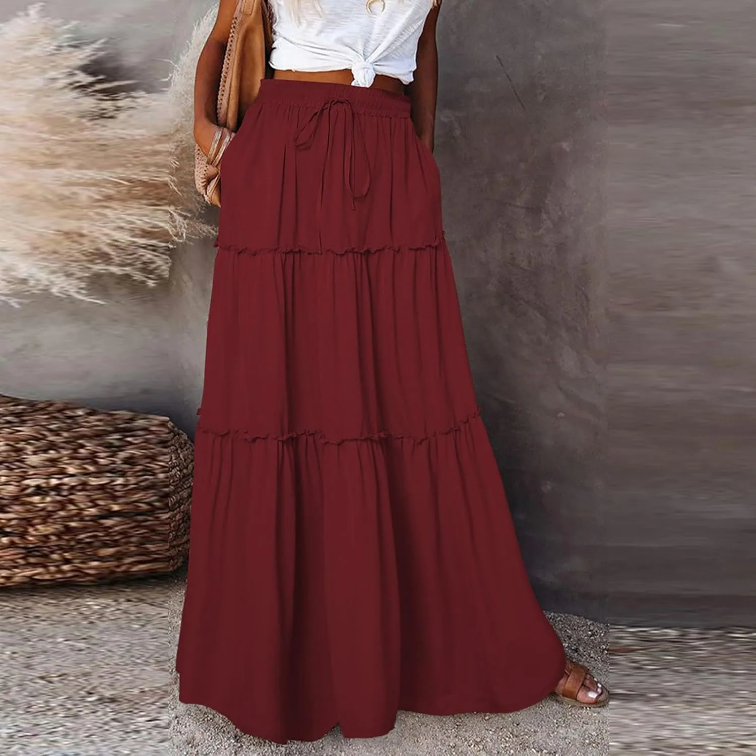 Pleated Maxi Skirts for Women Summer Drawstring High Waisted Aline Skirt Beach Tiered Long Beach Skirt with Pockets