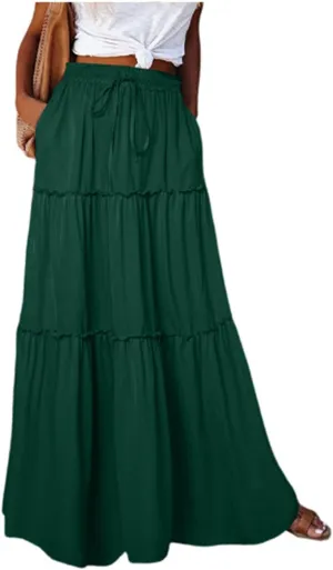 Pleated Maxi Skirts for Women Summer Drawstring High Waisted Aline Skirt Beach Tiered Long Beach Skirt with Pockets