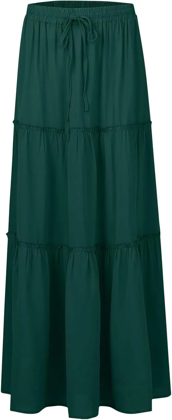 Pleated Maxi Skirts for Women Summer Drawstring High Waisted Aline Skirt Beach Tiered Long Beach Skirt with Pockets