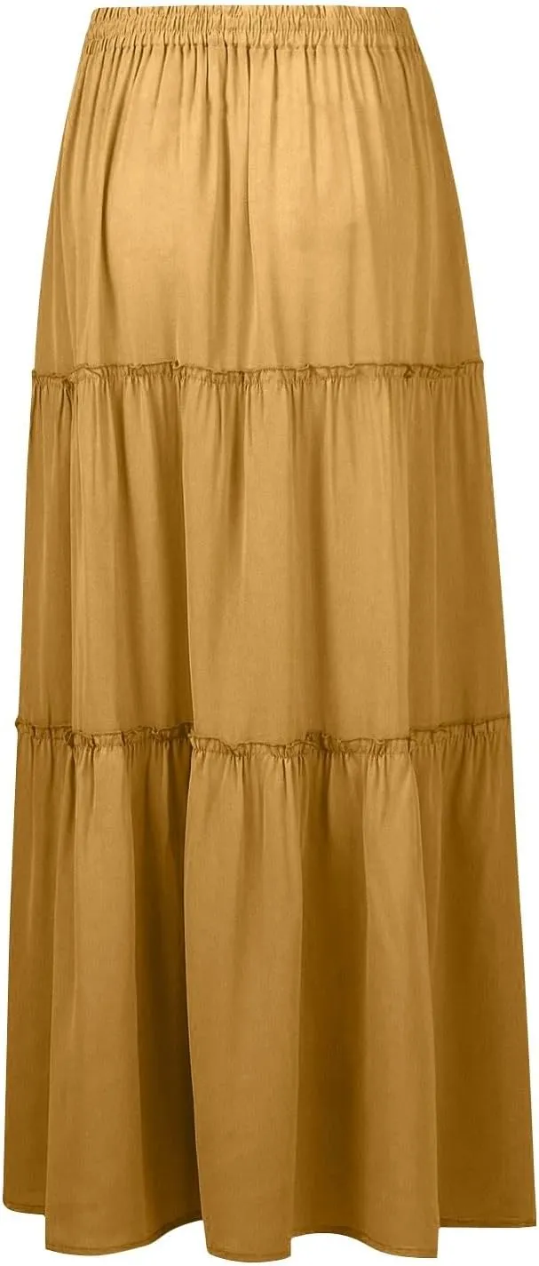 Pleated Maxi Skirts for Women Summer Drawstring High Waisted Aline Skirt Beach Tiered Long Beach Skirt with Pockets