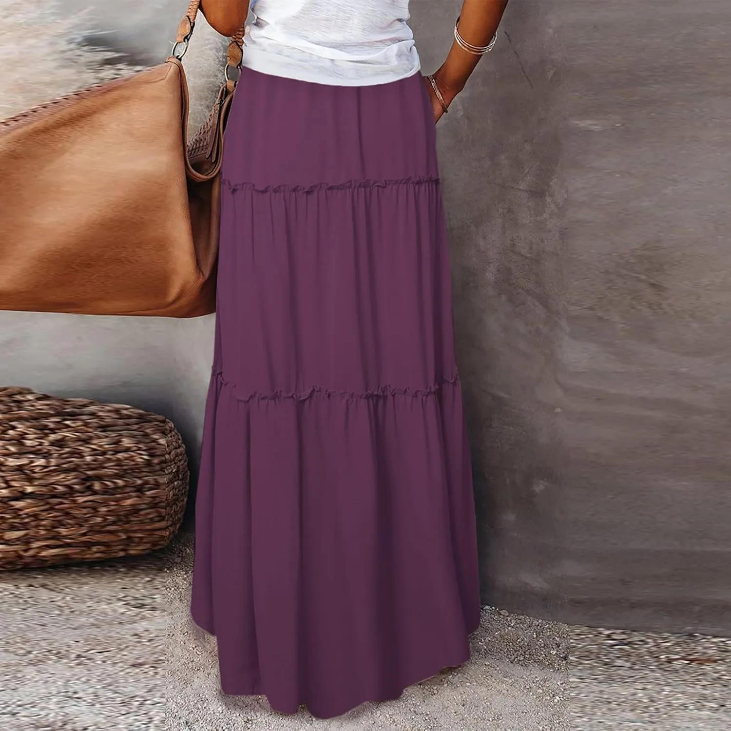 Pleated Maxi Skirts for Women Summer Drawstring High Waisted Aline Skirt Beach Tiered Long Beach Skirt with Pockets