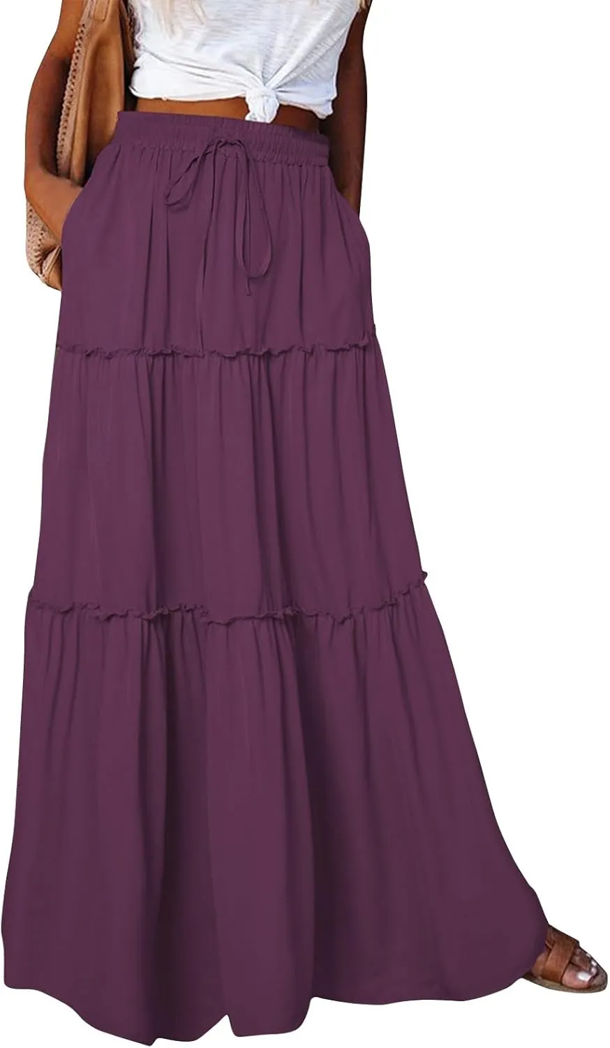 Pleated Maxi Skirts for Women Summer Drawstring High Waisted Aline Skirt Beach Tiered Long Beach Skirt with Pockets