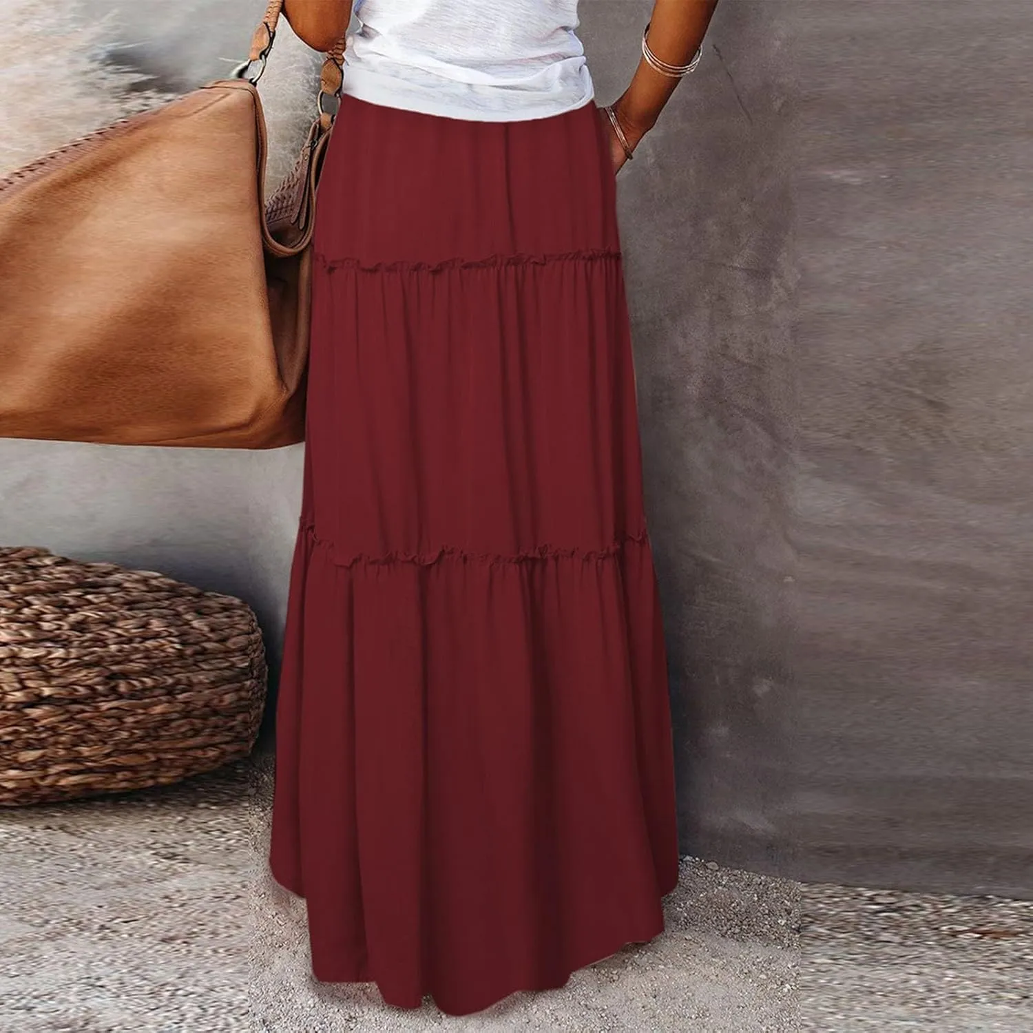 Pleated Maxi Skirts for Women Summer Drawstring High Waisted Aline Skirt Beach Tiered Long Beach Skirt with Pockets