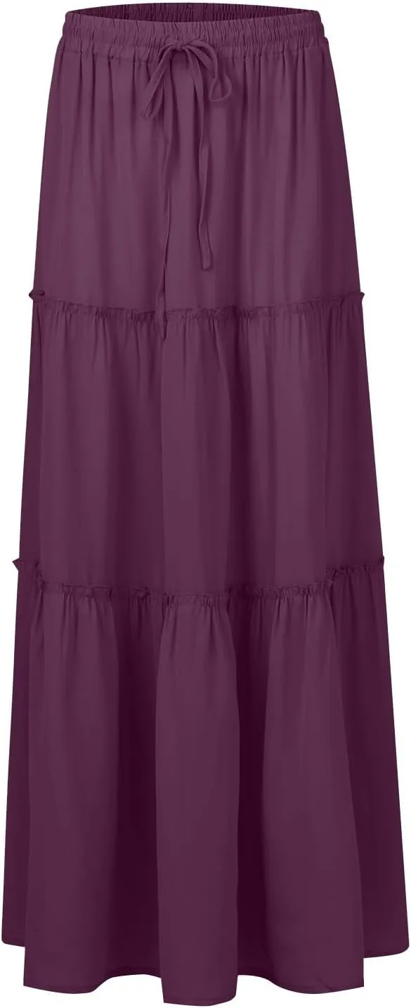 Pleated Maxi Skirts for Women Summer Drawstring High Waisted Aline Skirt Beach Tiered Long Beach Skirt with Pockets