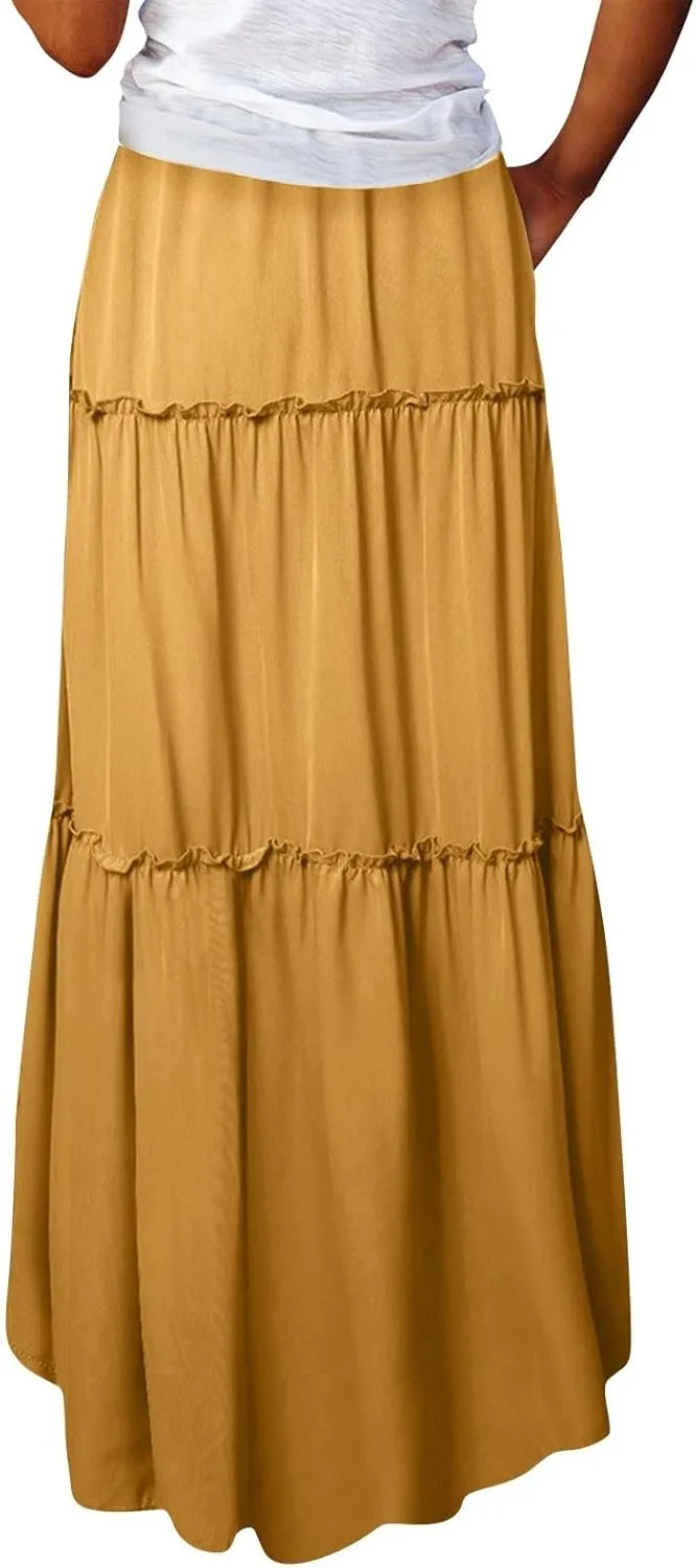 Pleated Maxi Skirts for Women Summer Drawstring High Waisted Aline Skirt Beach Tiered Long Beach Skirt with Pockets