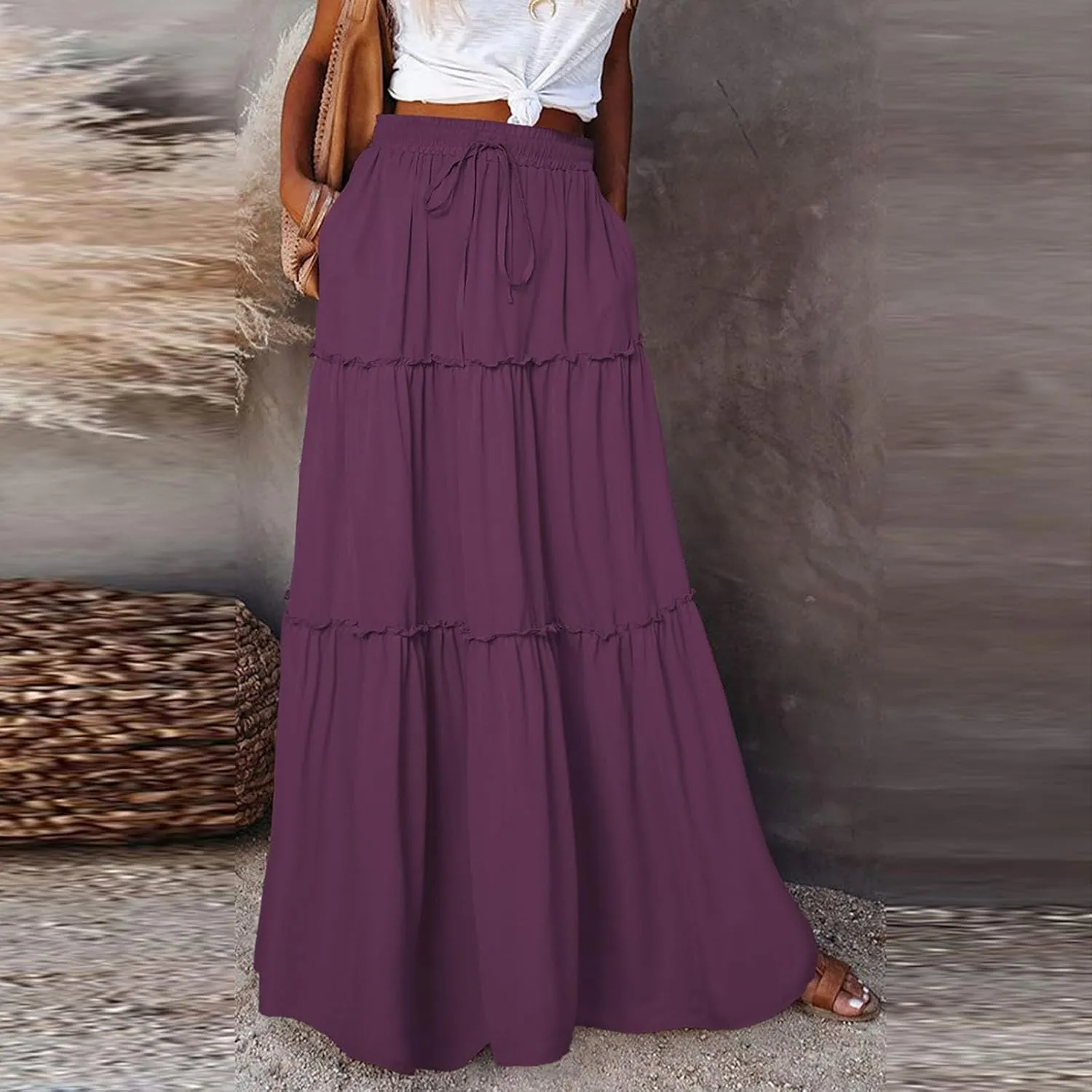 Pleated Maxi Skirts for Women Summer Drawstring High Waisted Aline Skirt Beach Tiered Long Beach Skirt with Pockets