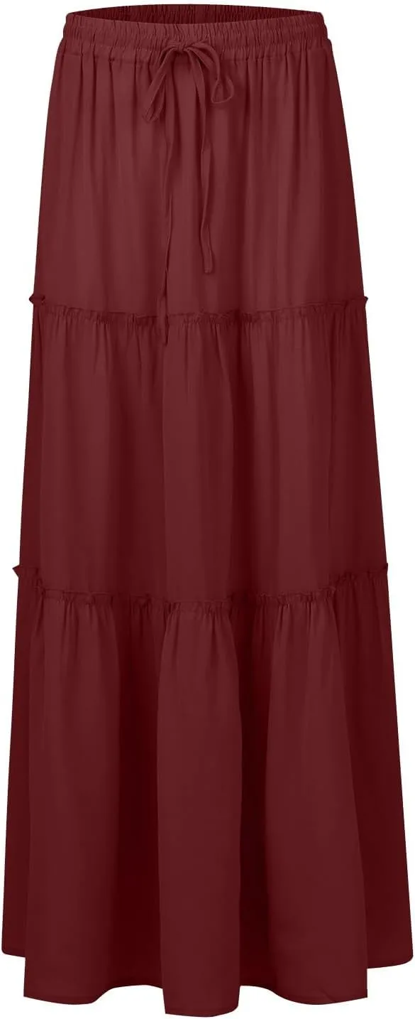 Pleated Maxi Skirts for Women Summer Drawstring High Waisted Aline Skirt Beach Tiered Long Beach Skirt with Pockets