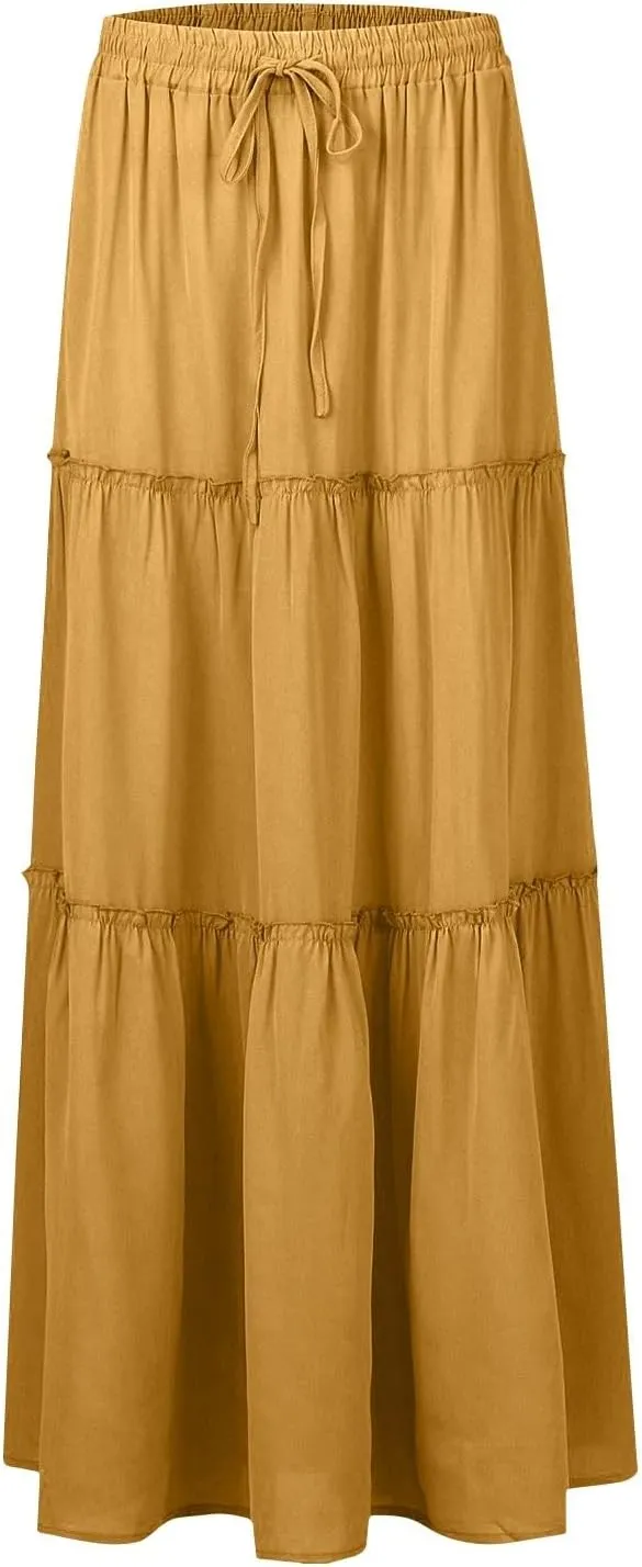 Pleated Maxi Skirts for Women Summer Drawstring High Waisted Aline Skirt Beach Tiered Long Beach Skirt with Pockets
