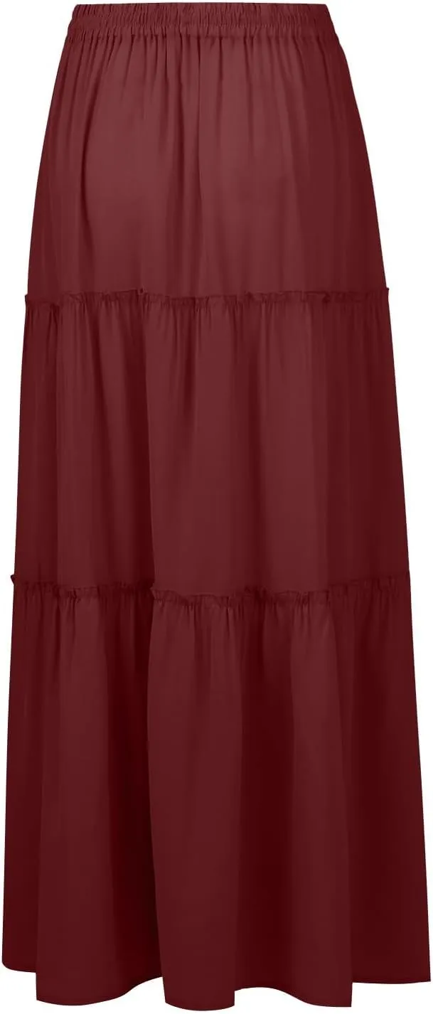 Pleated Maxi Skirts for Women Summer Drawstring High Waisted Aline Skirt Beach Tiered Long Beach Skirt with Pockets