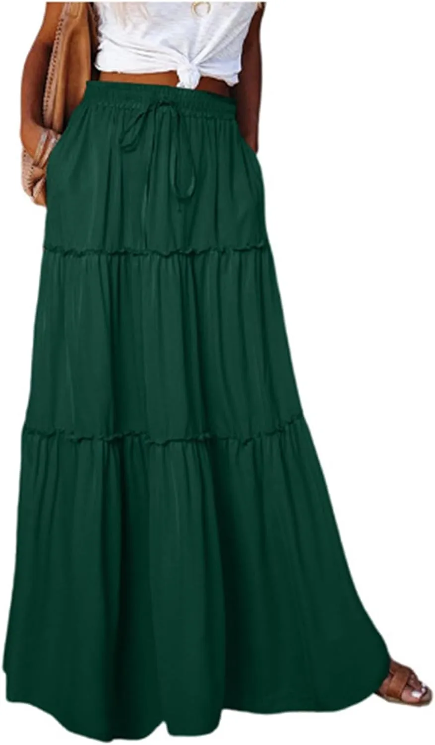 Pleated Maxi Skirts for Women Summer Drawstring High Waisted Aline Skirt Beach Tiered Long Beach Skirt with Pockets