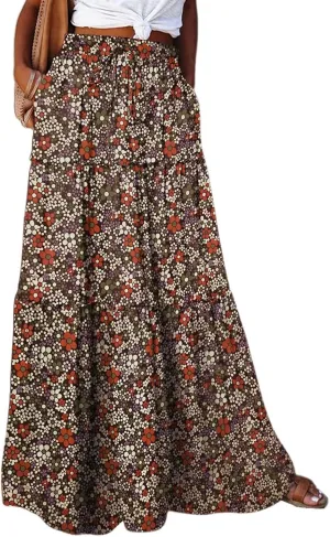 Pleated Maxi Skirts for Women Summer Drawstring High Waisted Aline Skirt Beach Tiered Long Beach Skirt with Pockets