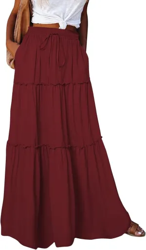 Pleated Maxi Skirts for Women Summer Drawstring High Waisted Aline Skirt Beach Tiered Long Beach Skirt with Pockets