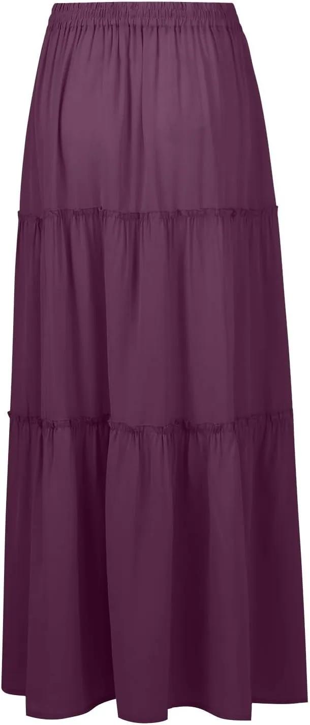 Pleated Maxi Skirts for Women Summer Drawstring High Waisted Aline Skirt Beach Tiered Long Beach Skirt with Pockets