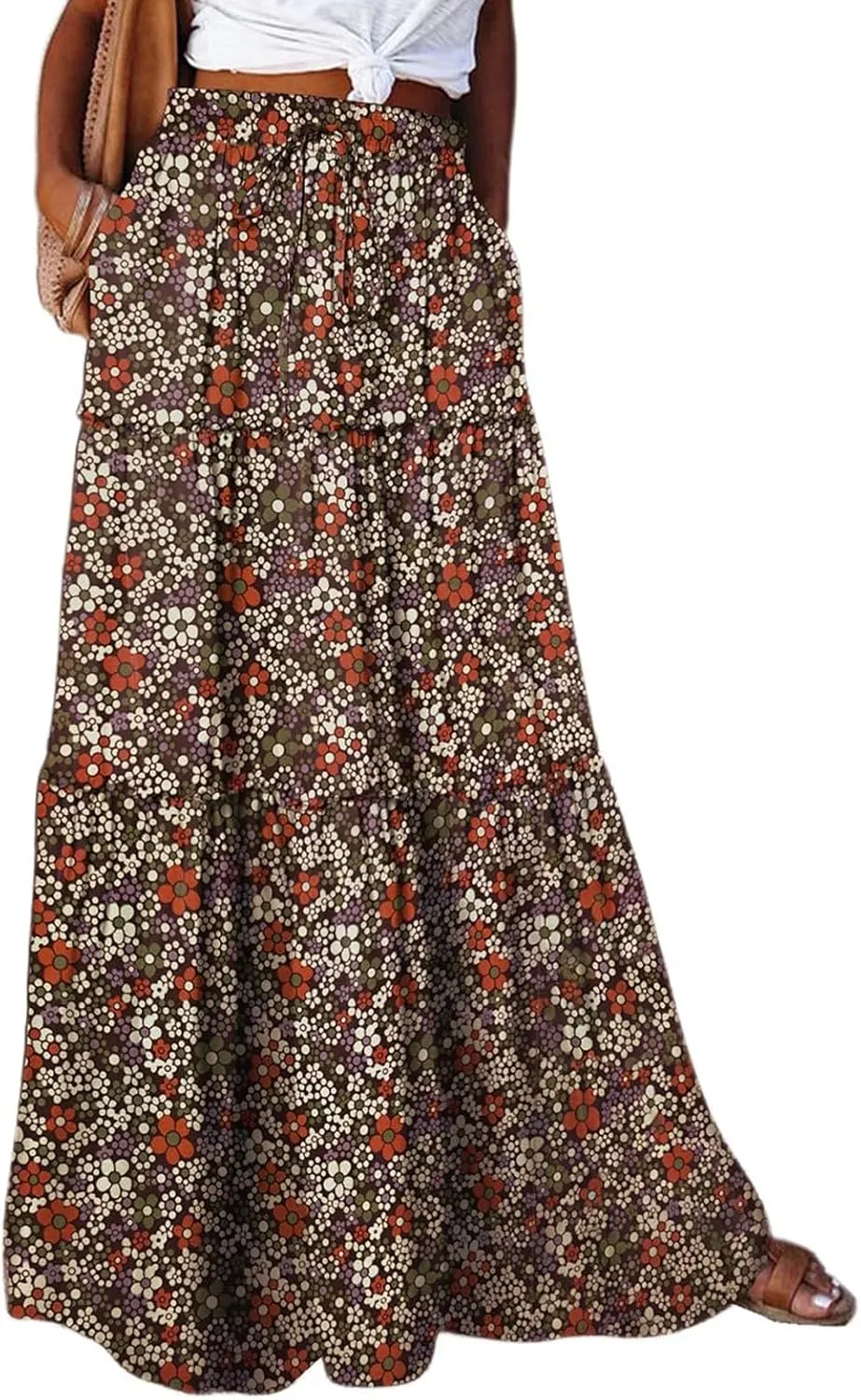 Pleated Maxi Skirts for Women Summer Drawstring High Waisted Aline Skirt Beach Tiered Long Beach Skirt with Pockets