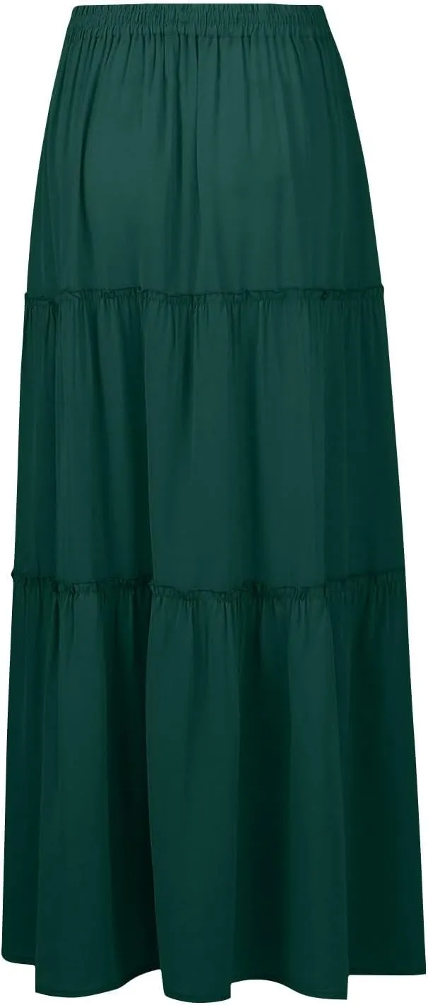 Pleated Maxi Skirts for Women Summer Drawstring High Waisted Aline Skirt Beach Tiered Long Beach Skirt with Pockets