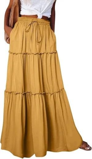 Pleated Maxi Skirts for Women Summer Drawstring High Waisted Aline Skirt Beach Tiered Long Beach Skirt with Pockets