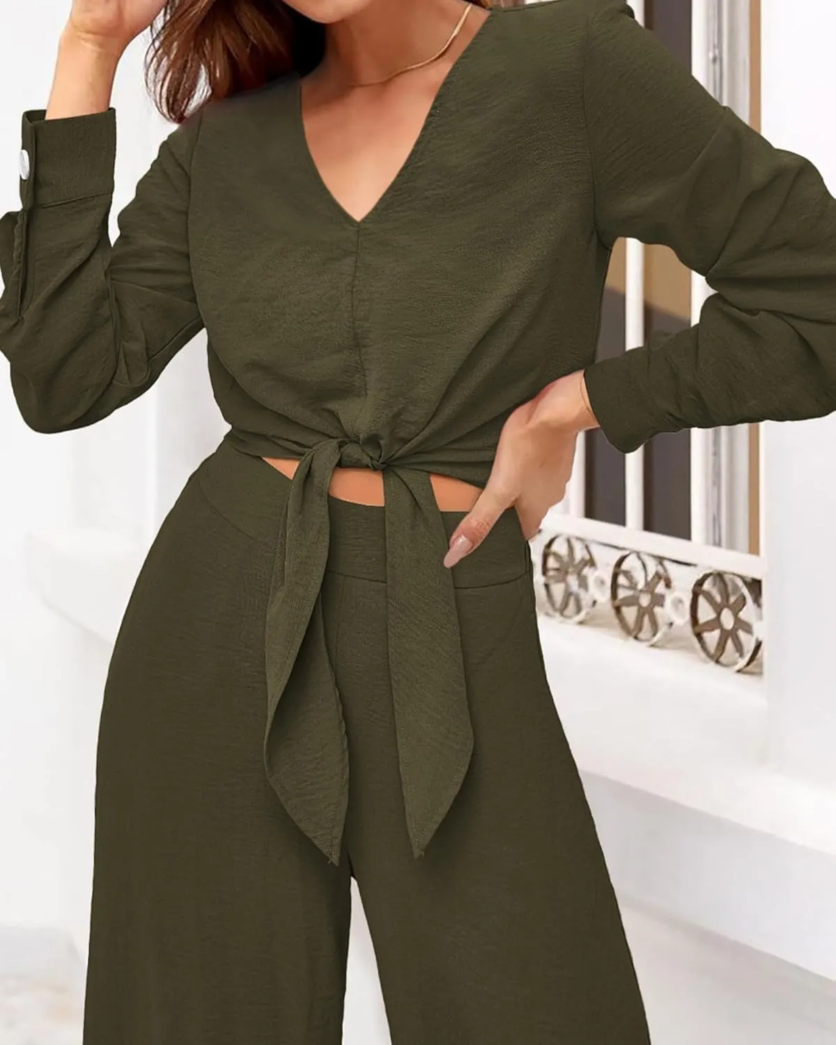 PRETTYGARDEN Women's 2 Piece Outfits 2025 Spring Casual V Neck Long Sleeve Strappy Crop Top Wide Leg Palazzo Pant Sets