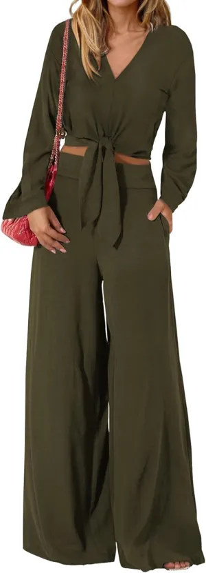 PRETTYGARDEN Women's 2 Piece Outfits 2025 Spring Casual V Neck Long Sleeve Strappy Crop Top Wide Leg Palazzo Pant Sets