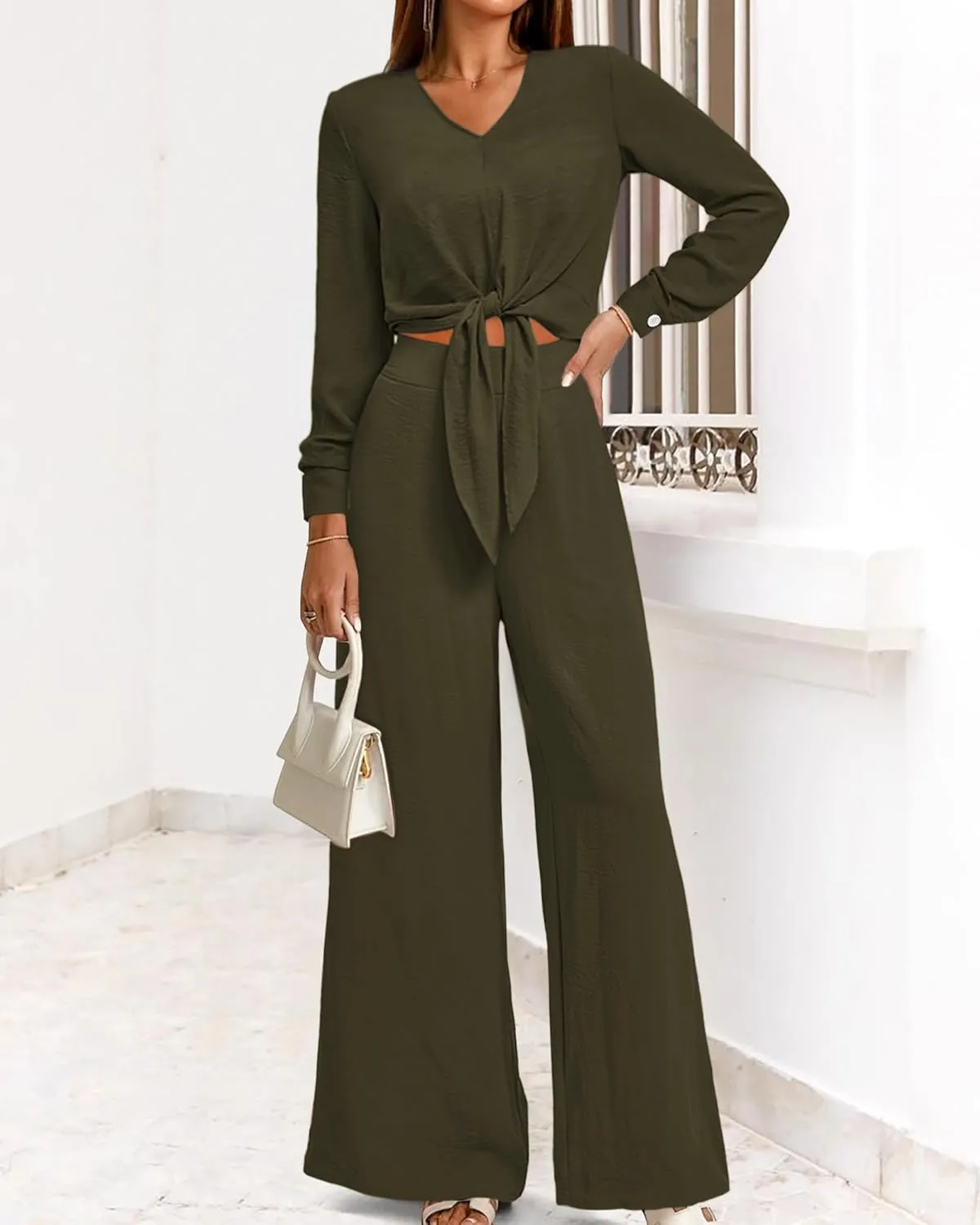 PRETTYGARDEN Women's 2 Piece Outfits 2025 Spring Casual V Neck Long Sleeve Strappy Crop Top Wide Leg Palazzo Pant Sets