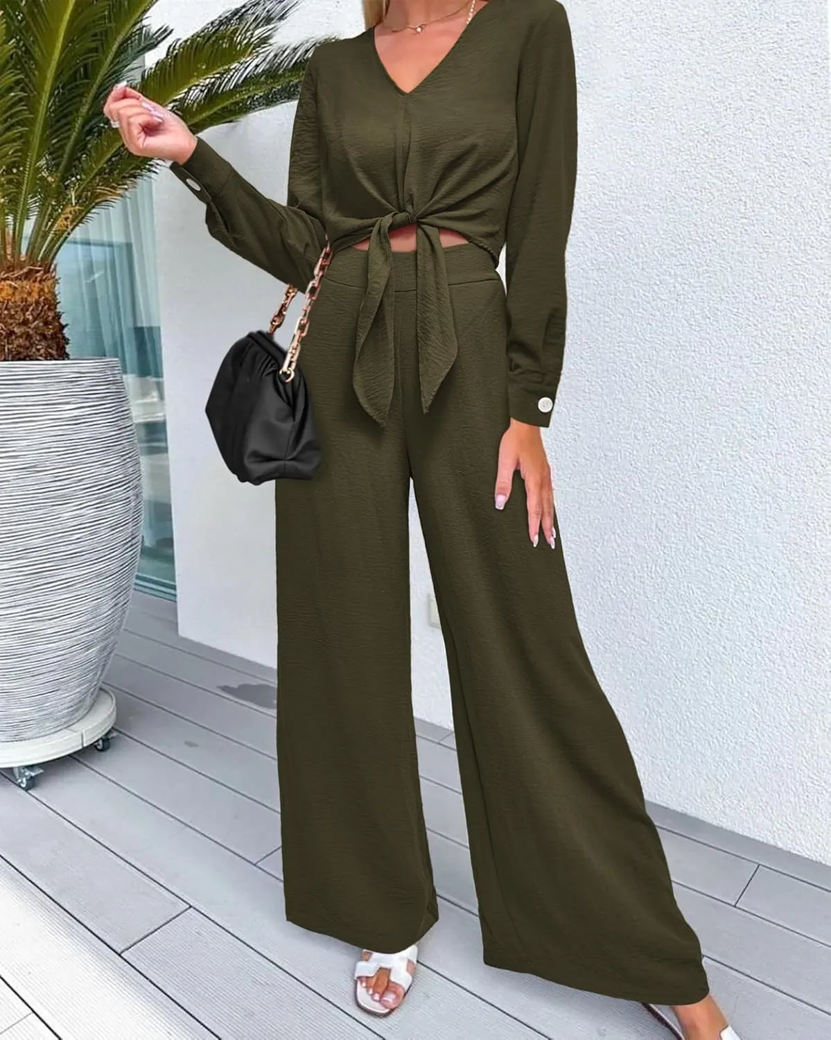 PRETTYGARDEN Women's 2 Piece Outfits 2025 Spring Casual V Neck Long Sleeve Strappy Crop Top Wide Leg Palazzo Pant Sets