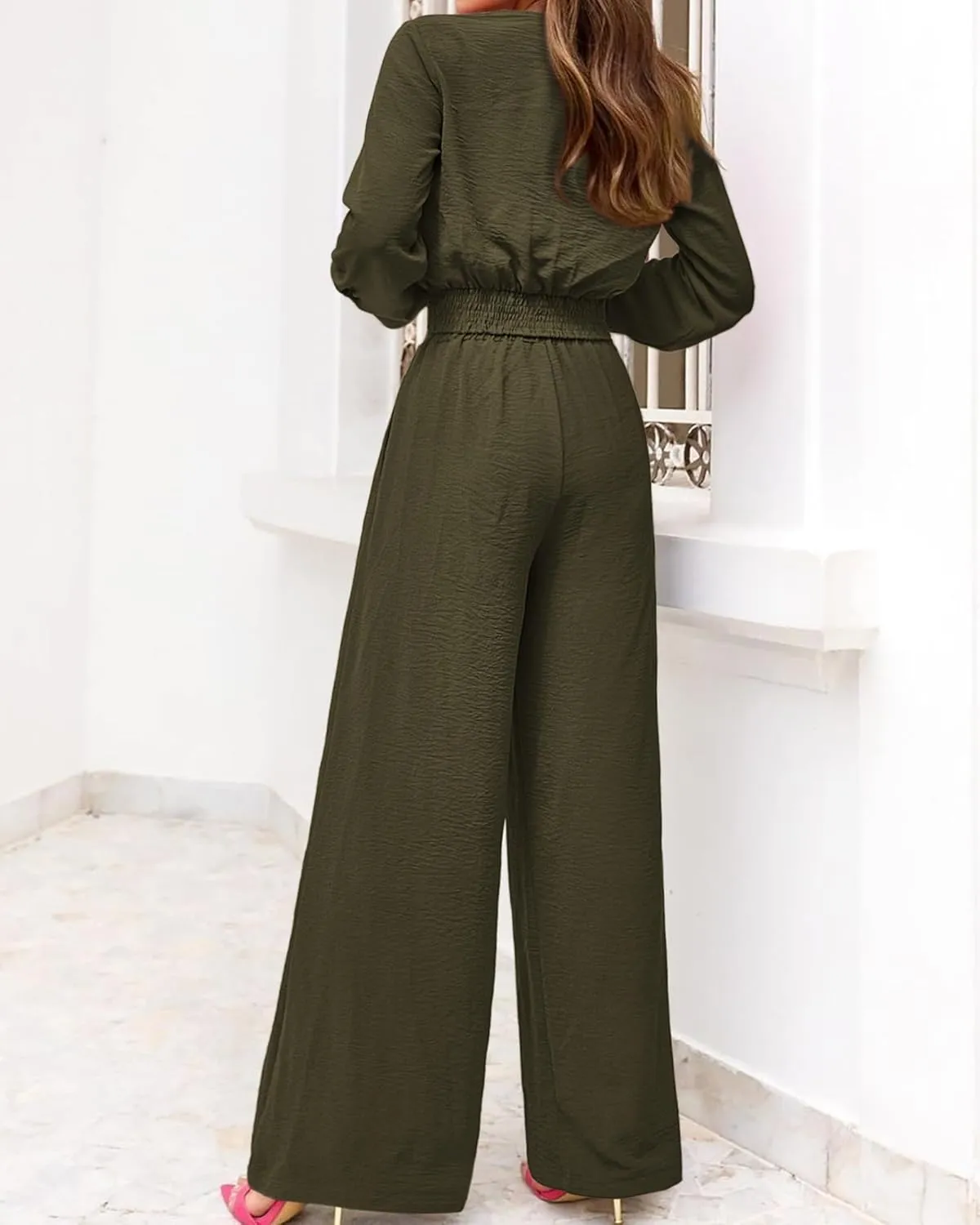 PRETTYGARDEN Women's 2 Piece Outfits 2025 Spring Casual V Neck Long Sleeve Strappy Crop Top Wide Leg Palazzo Pant Sets