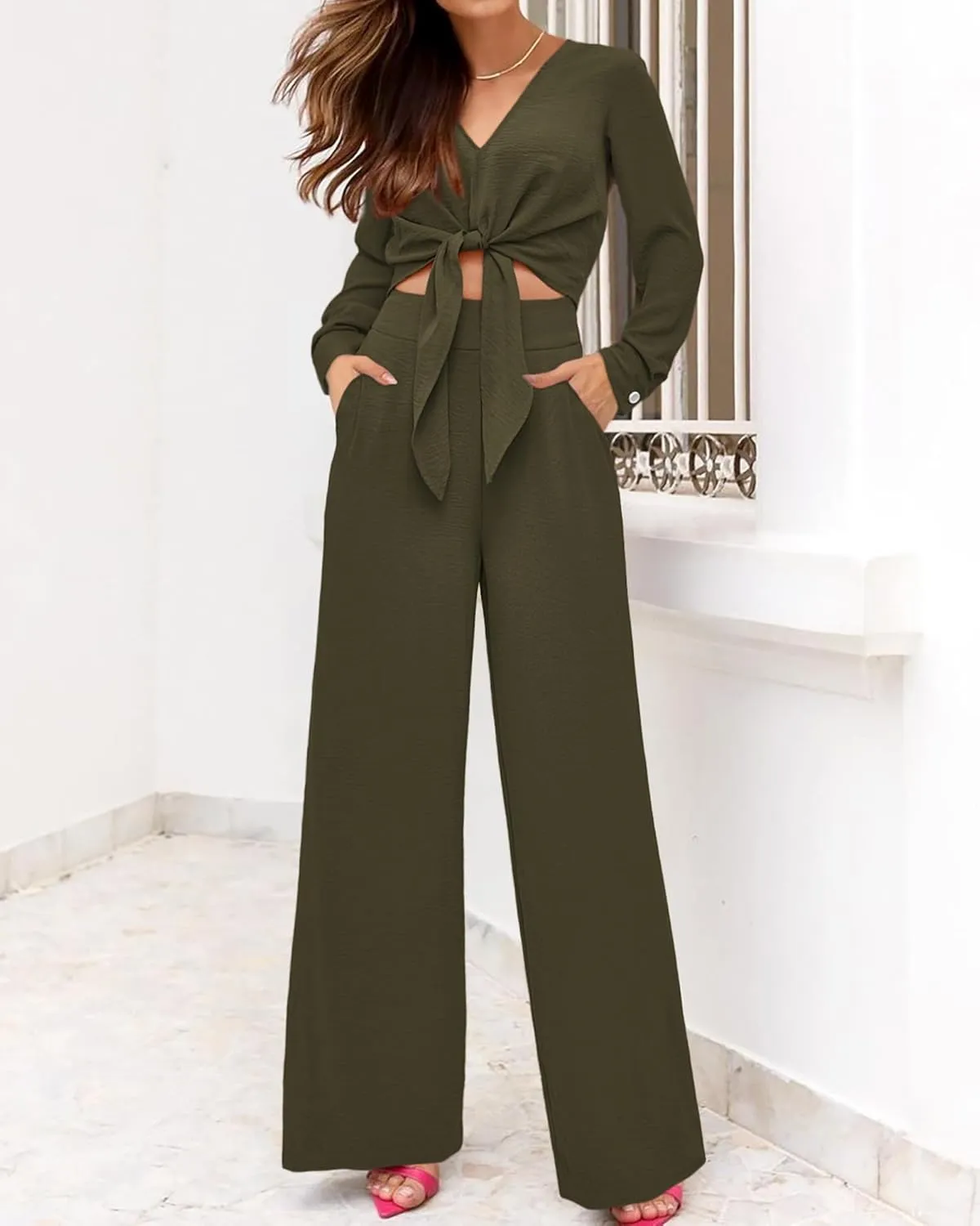 PRETTYGARDEN Women's 2 Piece Outfits 2025 Spring Casual V Neck Long Sleeve Strappy Crop Top Wide Leg Palazzo Pant Sets