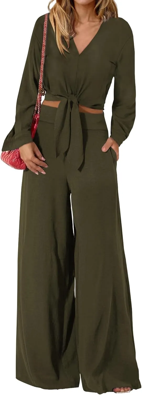 PRETTYGARDEN Women's 2 Piece Outfits 2025 Spring Casual V Neck Long Sleeve Strappy Crop Top Wide Leg Palazzo Pant Sets