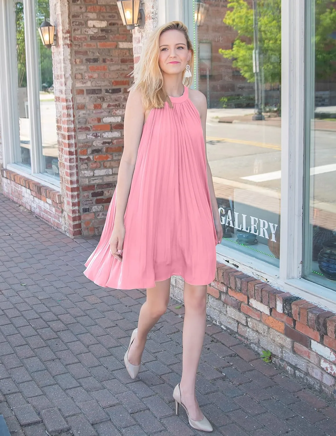 PRETTYGARDEN Women's Cute Halter Neck Sleeveless Mini Dress Solid Color Flowy Pleated Beach Dress Sundress