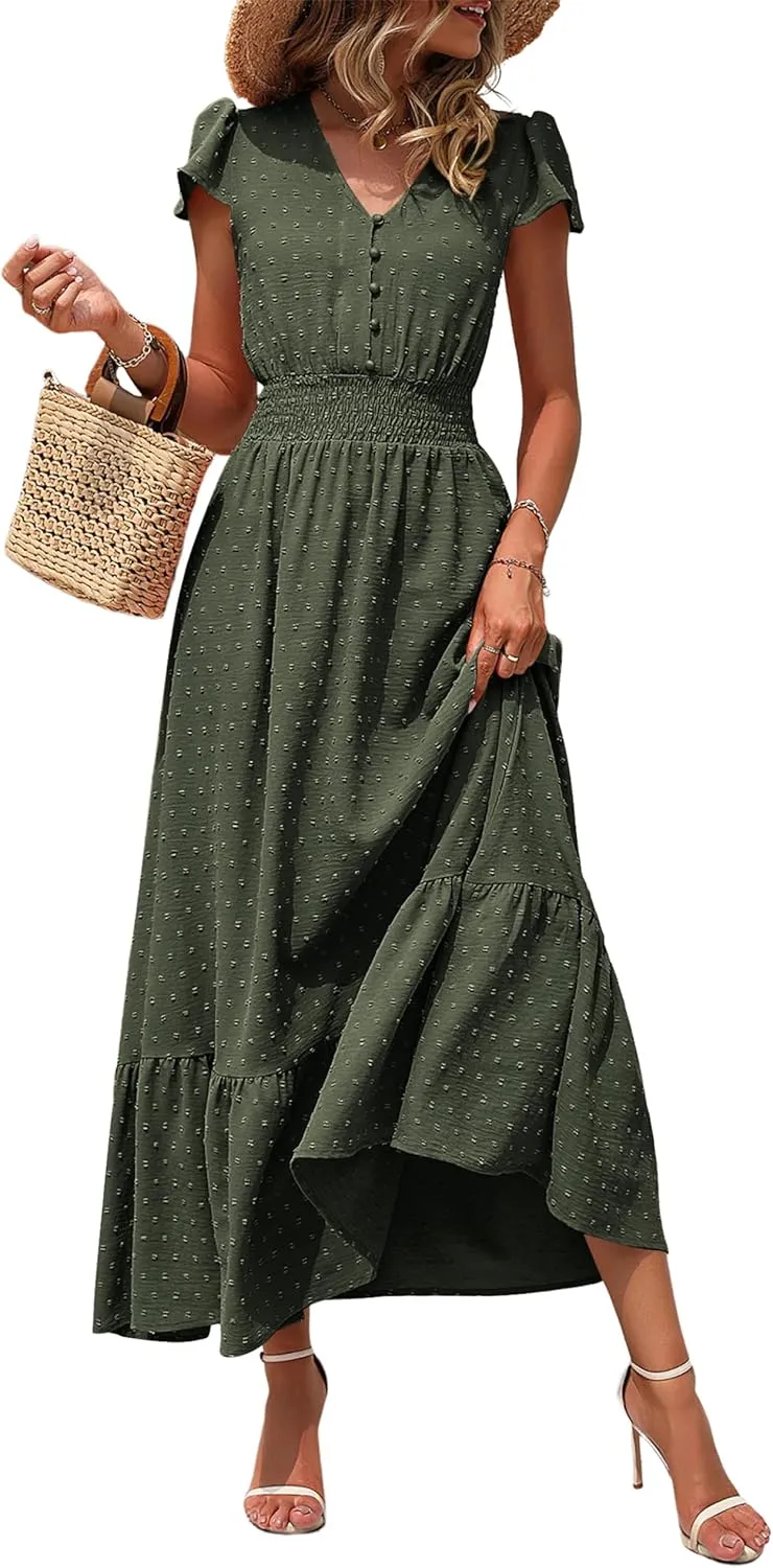 PRETTYGARDEN Womens Dresses 2025 Summer Maxi Dress Boho Short Sleeve V Neck Swiss Dot Ruffle Tiered Smocked Flowy Long Dress
