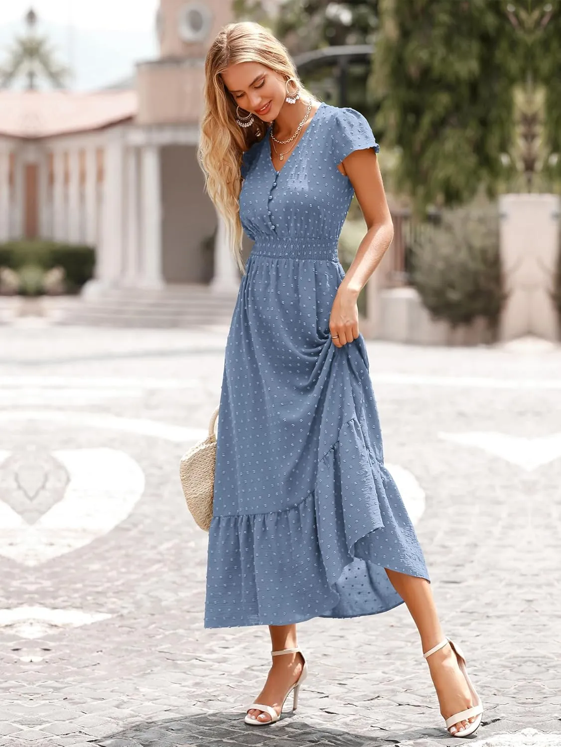 PRETTYGARDEN Womens Dresses 2025 Summer Maxi Dress Boho Short Sleeve V Neck Swiss Dot Ruffle Tiered Smocked Flowy Long Dress