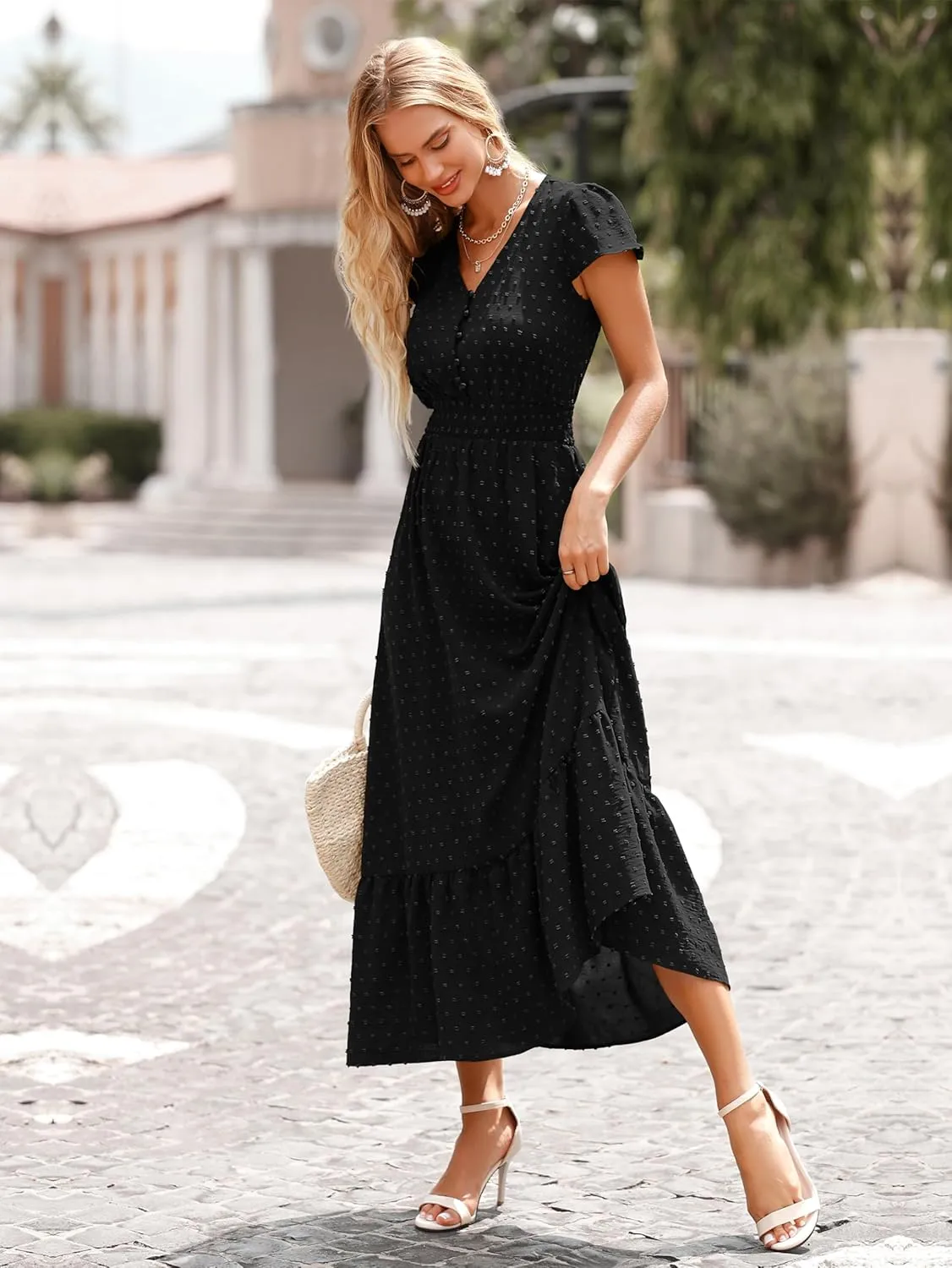 PRETTYGARDEN Womens Dresses 2025 Summer Maxi Dress Boho Short Sleeve V Neck Swiss Dot Ruffle Tiered Smocked Flowy Long Dress