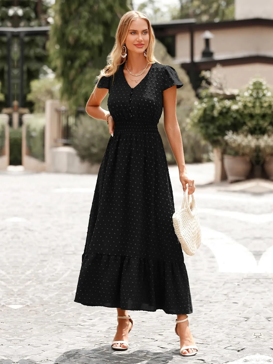 PRETTYGARDEN Womens Dresses 2025 Summer Maxi Dress Boho Short Sleeve V Neck Swiss Dot Ruffle Tiered Smocked Flowy Long Dress