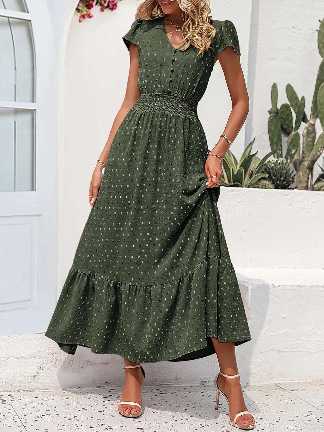 PRETTYGARDEN Womens Dresses 2025 Summer Maxi Dress Boho Short Sleeve V Neck Swiss Dot Ruffle Tiered Smocked Flowy Long Dress