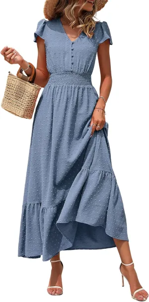 PRETTYGARDEN Womens Dresses 2025 Summer Maxi Dress Boho Short Sleeve V Neck Swiss Dot Ruffle Tiered Smocked Flowy Long Dress