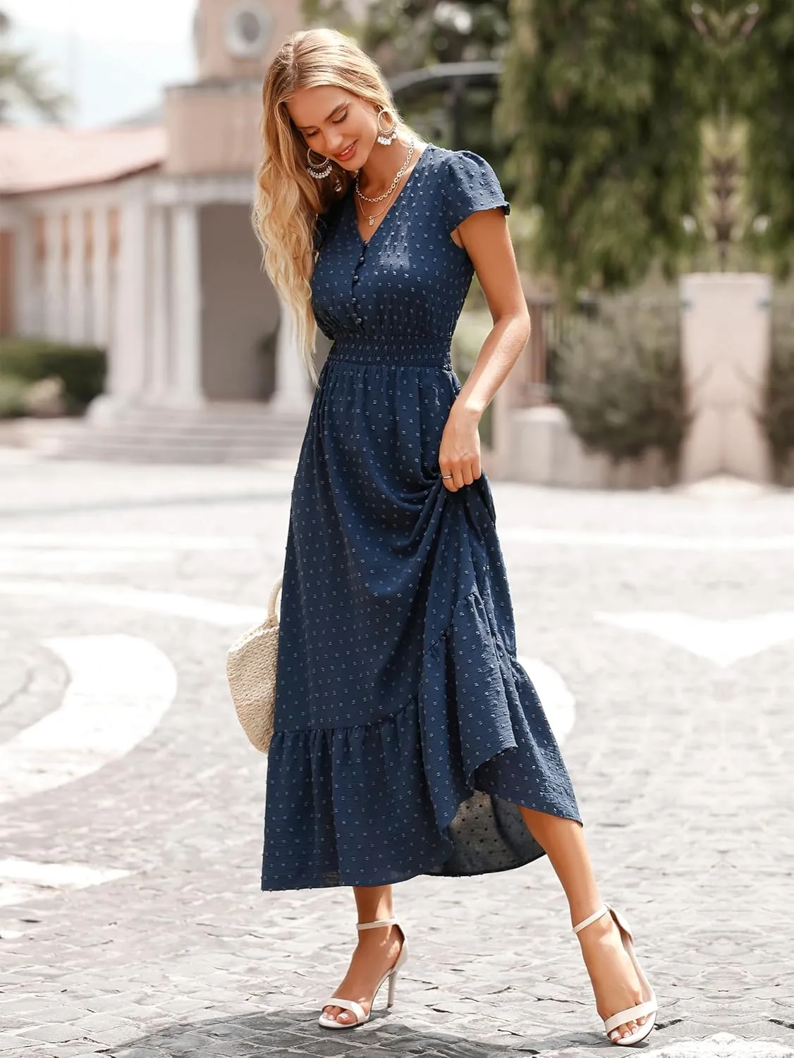 PRETTYGARDEN Womens Dresses 2025 Summer Maxi Dress Boho Short Sleeve V Neck Swiss Dot Ruffle Tiered Smocked Flowy Long Dress
