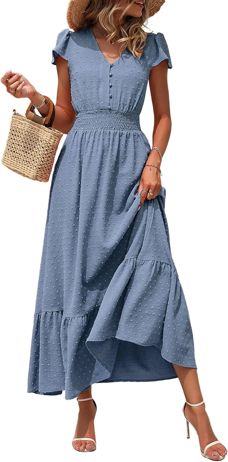 PRETTYGARDEN Womens Dresses 2025 Summer Maxi Dress Boho Short Sleeve V Neck Swiss Dot Ruffle Tiered Smocked Flowy Long Dress
