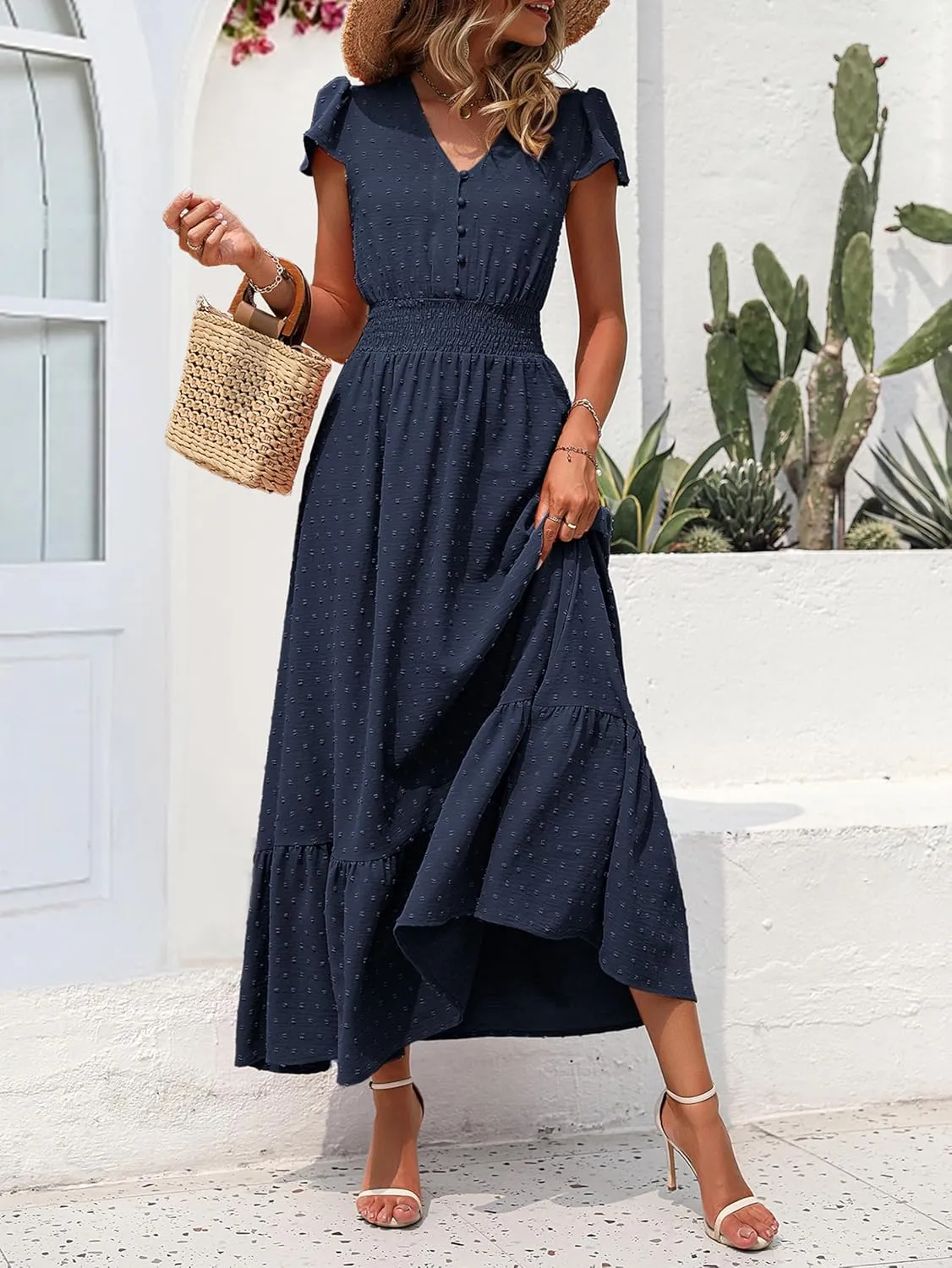 PRETTYGARDEN Womens Dresses 2025 Summer Maxi Dress Boho Short Sleeve V Neck Swiss Dot Ruffle Tiered Smocked Flowy Long Dress