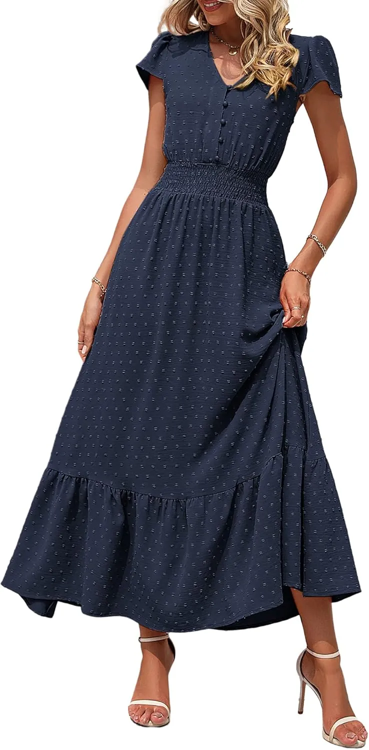 PRETTYGARDEN Womens Dresses 2025 Summer Maxi Dress Boho Short Sleeve V Neck Swiss Dot Ruffle Tiered Smocked Flowy Long Dress