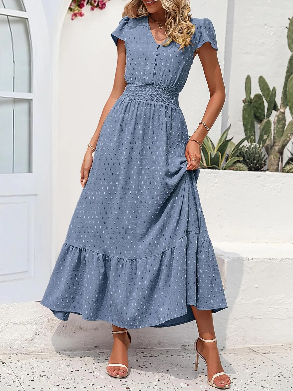 PRETTYGARDEN Womens Dresses 2025 Summer Maxi Dress Boho Short Sleeve V Neck Swiss Dot Ruffle Tiered Smocked Flowy Long Dress