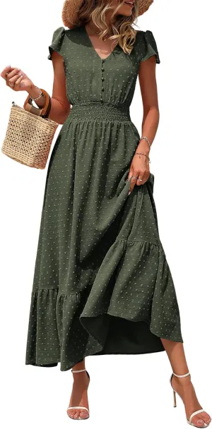 PRETTYGARDEN Womens Dresses 2025 Summer Maxi Dress Boho Short Sleeve V Neck Swiss Dot Ruffle Tiered Smocked Flowy Long Dress