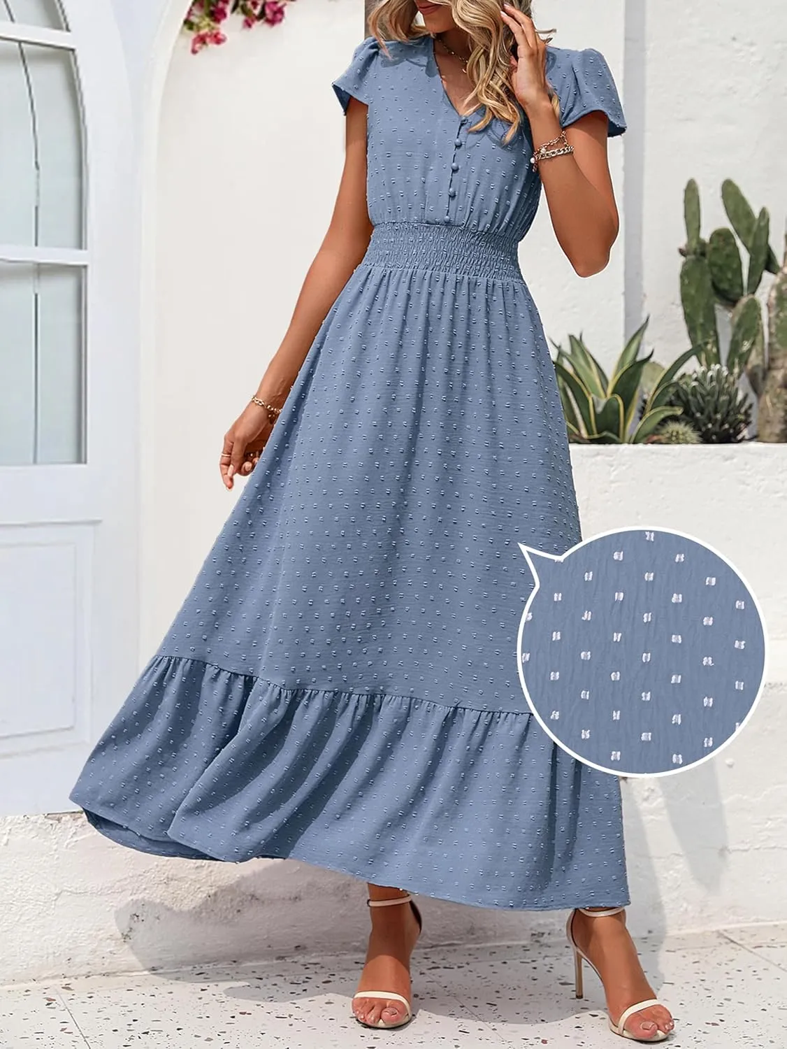 PRETTYGARDEN Womens Dresses 2025 Summer Maxi Dress Boho Short Sleeve V Neck Swiss Dot Ruffle Tiered Smocked Flowy Long Dress