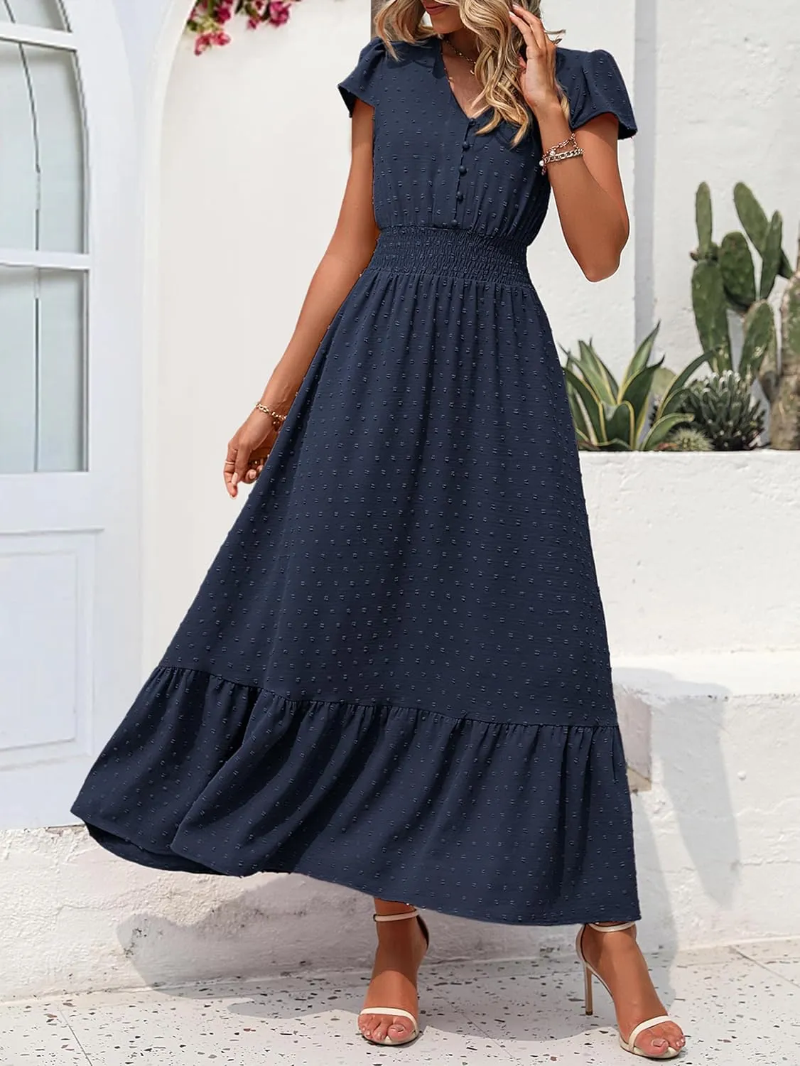 PRETTYGARDEN Womens Dresses 2025 Summer Maxi Dress Boho Short Sleeve V Neck Swiss Dot Ruffle Tiered Smocked Flowy Long Dress