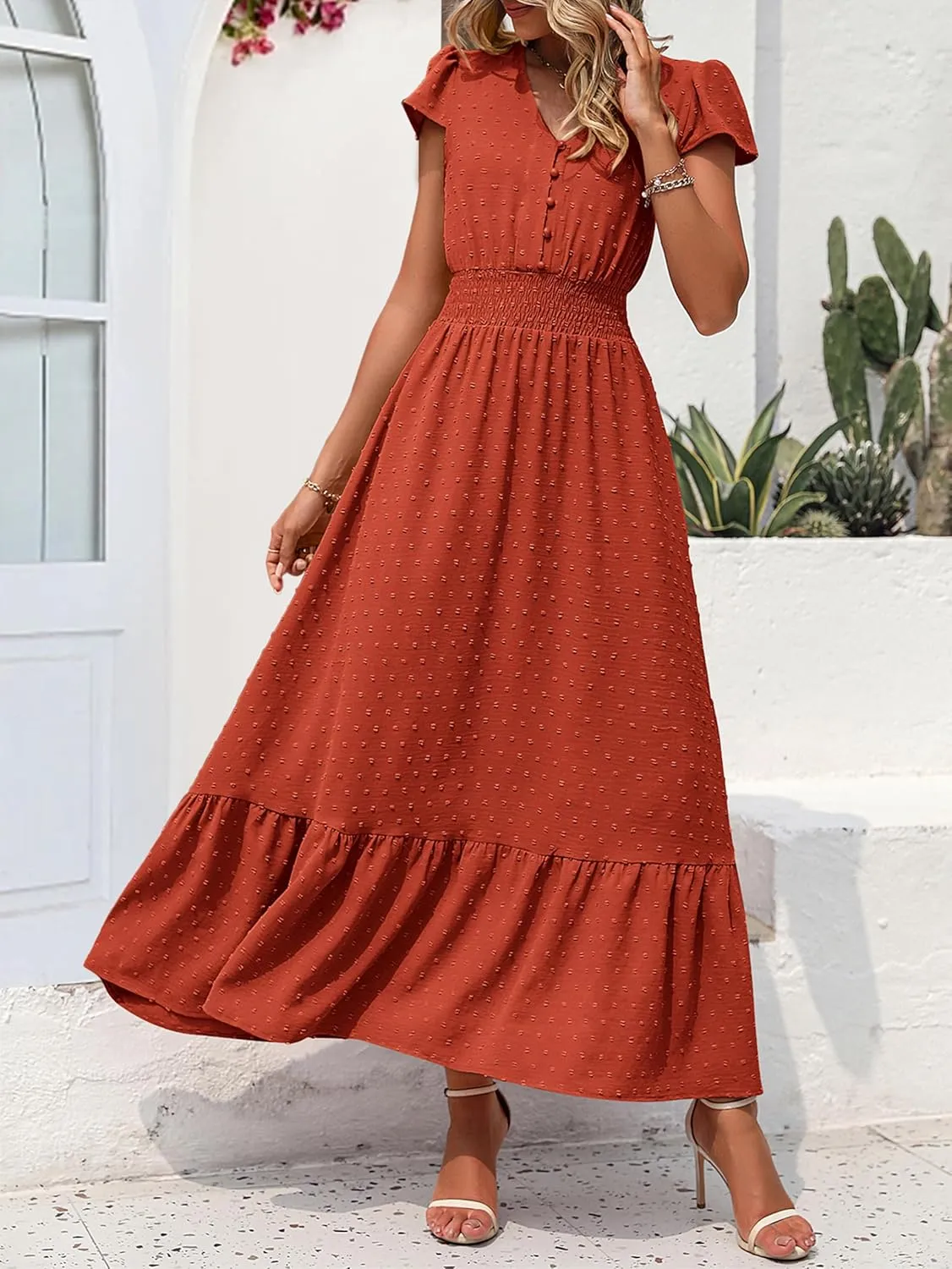 PRETTYGARDEN Womens Dresses 2025 Summer Maxi Dress Boho Short Sleeve V Neck Swiss Dot Ruffle Tiered Smocked Flowy Long Dress