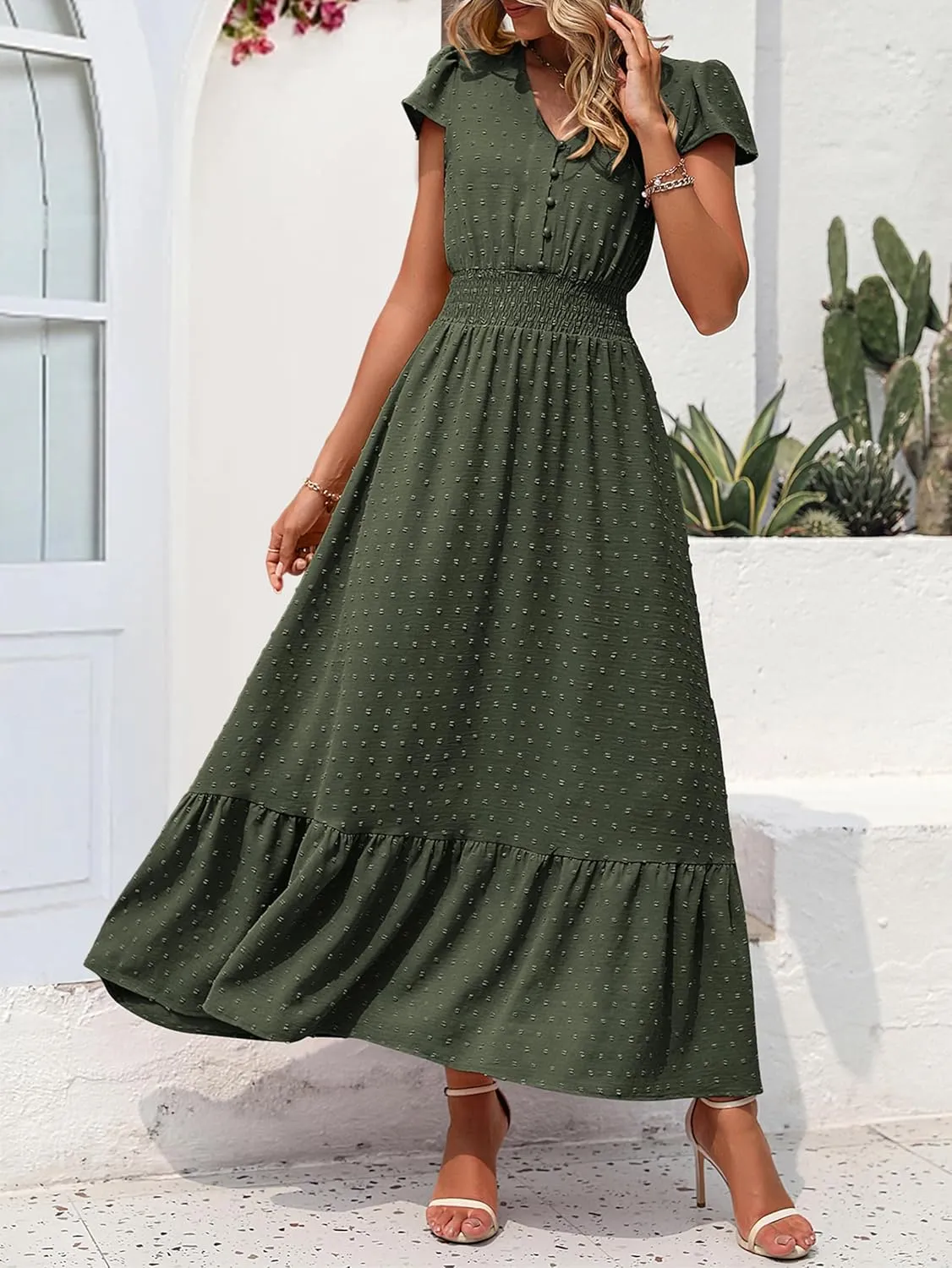 PRETTYGARDEN Womens Dresses 2025 Summer Maxi Dress Boho Short Sleeve V Neck Swiss Dot Ruffle Tiered Smocked Flowy Long Dress