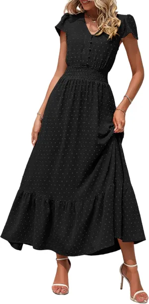 PRETTYGARDEN Womens Dresses 2025 Summer Maxi Dress Boho Short Sleeve V Neck Swiss Dot Ruffle Tiered Smocked Flowy Long Dress